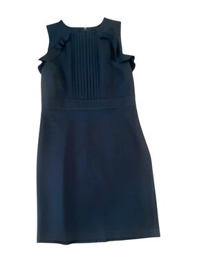 Ann Taylor Black Ruffle Trim Sheath Dress Size 10 Pleated Front Stretch LBD